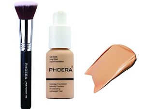 ABRUS® - PHOERA Soft Matte Full Coverage Foundation and Concealer ، مسام ، كريم أساس سائل قابل للمزج المقاوم للماء يدوم طويلاً 24 ساعة ، 30 مل مع فرشاة أساس كابوكي مسطحة (104 بيج بيج)