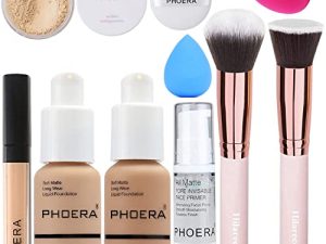 كريم أساس PHOERA ، أساس تغطية كاملة ، برايمر PHOERA ، مسحوق PHOERA ، مجموعة مكياج PHOERA Concealer PHOERA ، فرش مكياج كابوكي ، فرشاة كريم أساس ، 2 إسفنجة مكياج (104 بيج بيج + 105 ساند)