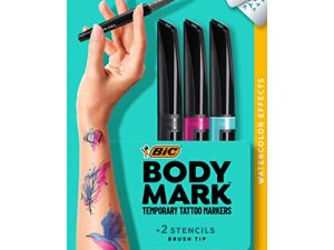 BIC BodyMark ، قلم الوشم المؤقت ، إلهام الألوان المائية ، آمن للبشرة ، رأس فرشاة ، ألوان متنوعة ، 3 عبوات مع الإستنسل