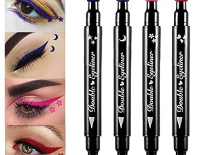 KARNAR 4 in 1 Stars Flowers Hearts Moon Face Stamps Eyeliner Set مجموعة مكياج ، أرجواني أزرق أحمر وردي نجمة قلب ملون سائل مجنح كحل أختام أشكال الوجه وشم مكياج العين لاينر وينج ستامب لاينر
