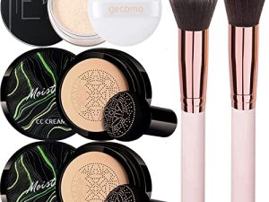 Miniling 2 Pack Air Cushion CC Cream Mushroom Head مرطب طويل الأمد غير لامع مع بودرة سائبة لإعداد المكياج و 2 قطعة فرشاة بودرة الأساس (لون طبيعي)