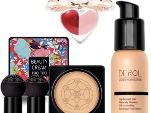 Mushroom Head Air Cushion CC كريم وكريم الأساس ، كريم أساس سائل للتغطية الكاملة مع إسفنجة الفطر × 2 ، خلاط بيوتي × 2 ، مجموعة مكياج أساس خالية من العيوب ، مجموعة هدايا للنساء والفتيات والمراهقات (Nude # 103)