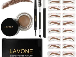 مجموعة Stamp Stamp Stencil للحواجب ، Brow Stamp Trio Kit مع قلم حواجب مقاوم للماء ، مرهم للحواجب ، 20 قلم حواجب ، فرشاة حواجب مزدوجة الطرف وأداة إسفنجية - بني ناعم