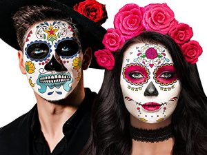 Day of the Dead Face Skeleton Tattoos / Dia De Los Muertos ، وشم مؤقت على شكل جمجمة السكر المؤقتة للهالوين للنساء / الرجال / البالغين ، 10 ورقات ملصقات تنكرية للحفلات الورد الوردي ديكور ماتش كاترينا