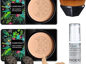 قطعتان من Mushroom Head Air Cushion CC كريم BB كريم الأساس لتغطية كاملة كريم الأساس 24 ساعة خافي عيوب للتحكم في الزيت غير لامع مع برايمر للوجه وفرشاة مستحضرات تجميل على شكل بتلات (طبيعي)