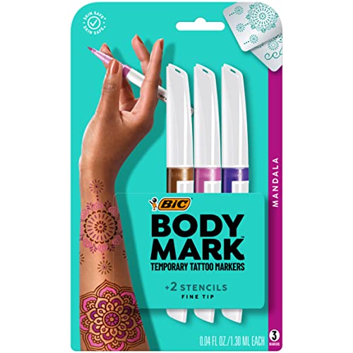 قلم الوشم المؤقت BIC BodyMark برأس رفيع ، ماندالا ، ألوان متنوعة ، عبوة من 3 أقلام + 3 استنسل قلم الوشم المؤقت BIC BodyMark برأس رفيع ، ماندالا ، ألوان متنوعة ، عبوة من 3 أقلام + 3 استنسل