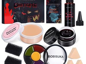 مجموعة ماكياج BOBISUKA Special Effects SFX Halloween - 5 ألوان لمكياج كدمات للوجه والجسم + شمع للندبات مع أداة ملعقة + رذاذ بقع دم مزيف + كريم دم مزيف + إسفنجة التنقيط