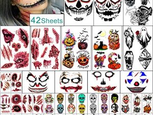 طقم وشم مؤقت للهالوين مكون من 42 ورقة من Yazhiji ، مجموعة Day of Dead Pumpkin Ghost للنساء ، تاتو أسود مزيف على شكل جمجمة الموت للرجال ، للأولاد والبنات ، مجموعة وشم مكياج الهالوين Zombie